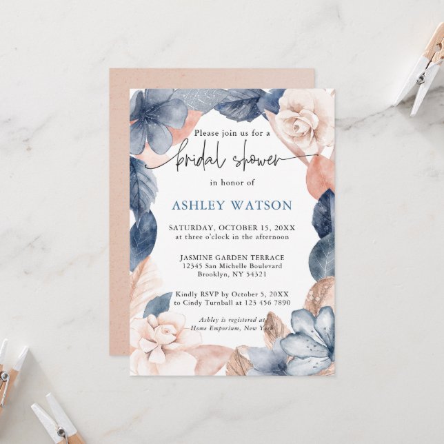 Faded denim & blush Bridal Shower Invitation (Front/Back In Situ)
