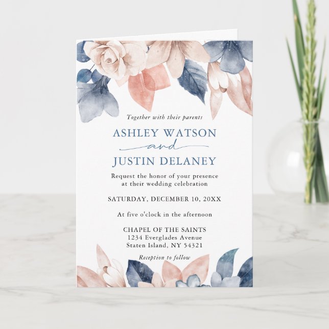 Faded denim & blush florals Wedding Invitation (Front)