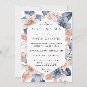 Faded denim & blush florals Wedding Invitation