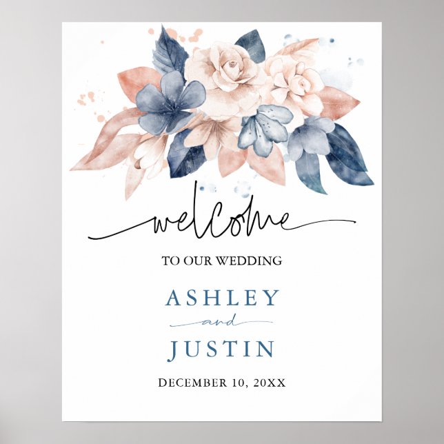 Faded denim & blush stylish floral Wedding Sign (Front)