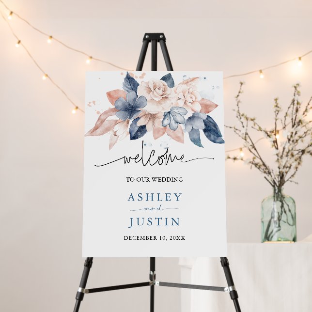 Faded denim & blush stylish floral Wedding Sign (In Situ (Stand))