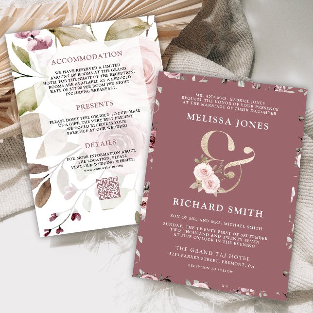 Faded Dusty Rose Floral Ampersand QR Code Wedding Invitation (Creator Uploaded)