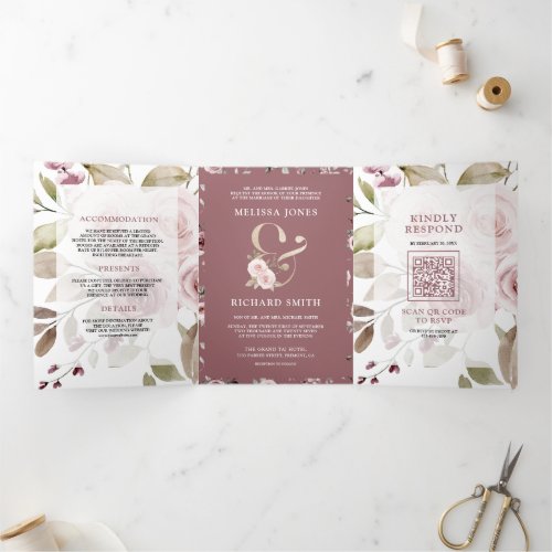 Faded Dusty Rose Floral Ampersand QR Code Wedding Tri_Fold Invitation