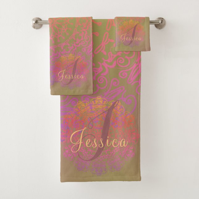 Faded Earth-toned Monogram Mandala  Bath Towel Set (Insitu)