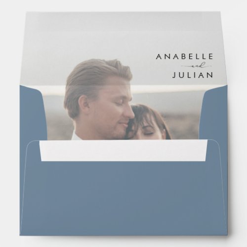 Faded Fading Photo  Names Dusty Blue Wedding Envelope