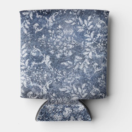 Faded Floral Denim Grungy Textured Background Can Cooler