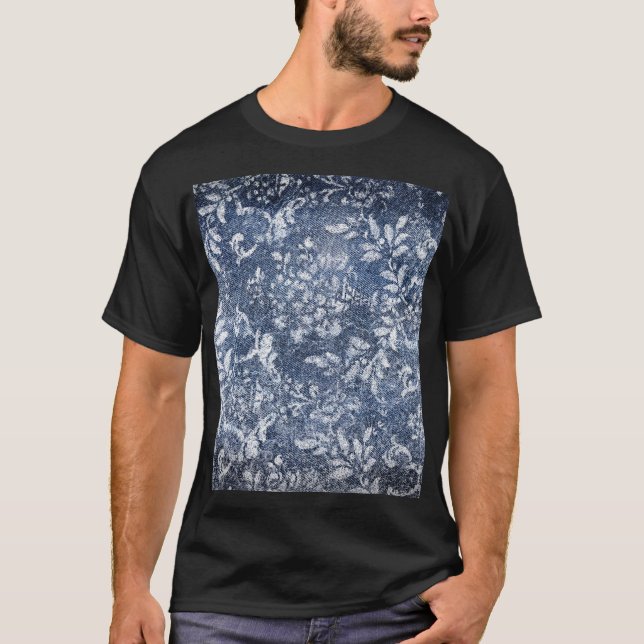 Faded Floral Denim: Grungy Textured Background T-Shirt (Front)