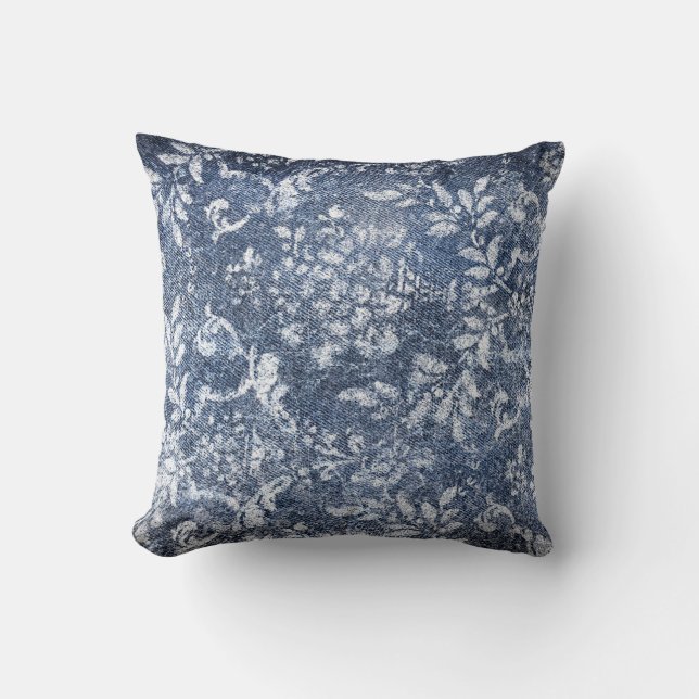 Faded Floral Denim: Grungy Textured Background Throw Pillow (Front)
