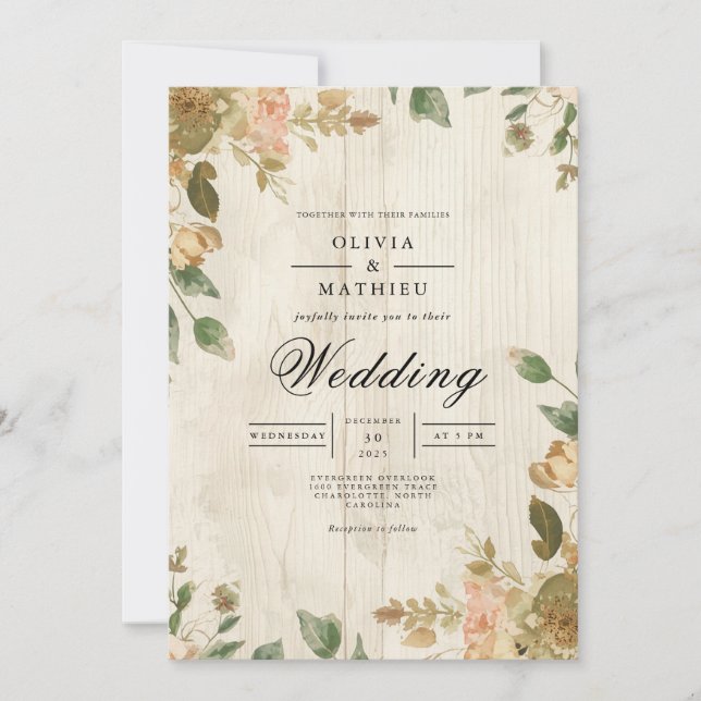 Faded Floral Timber Rustic Wedding Invitation (Front)