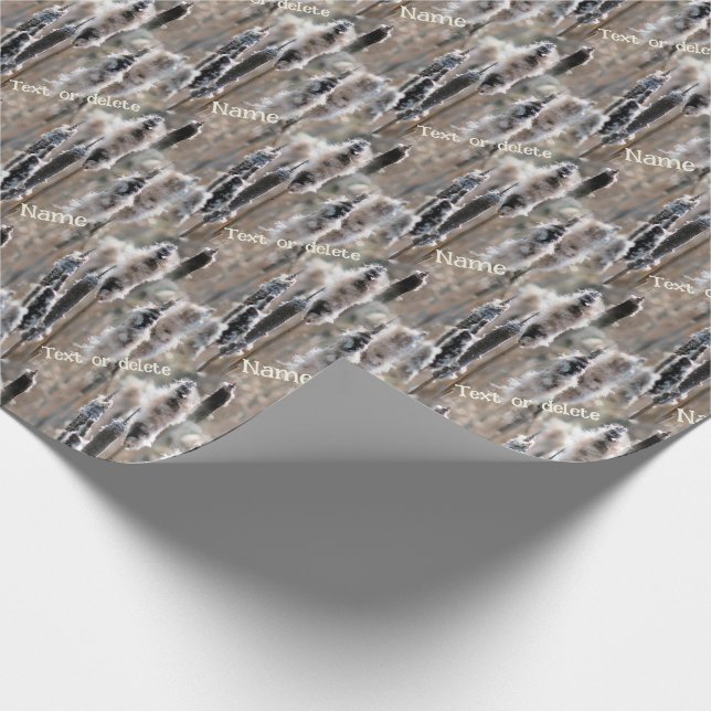Faded Fluffy Cattails Nature Personalized Wrapping Paper (Corner)