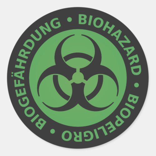 Faded Green Trilingual Biohazard Warning Classic Round Sticker