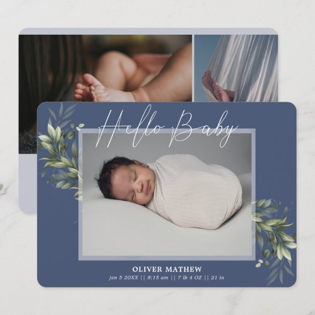 Faded Greenery Eucalyptus Blue Boy Birth Announcem Announcement (Front/Back)