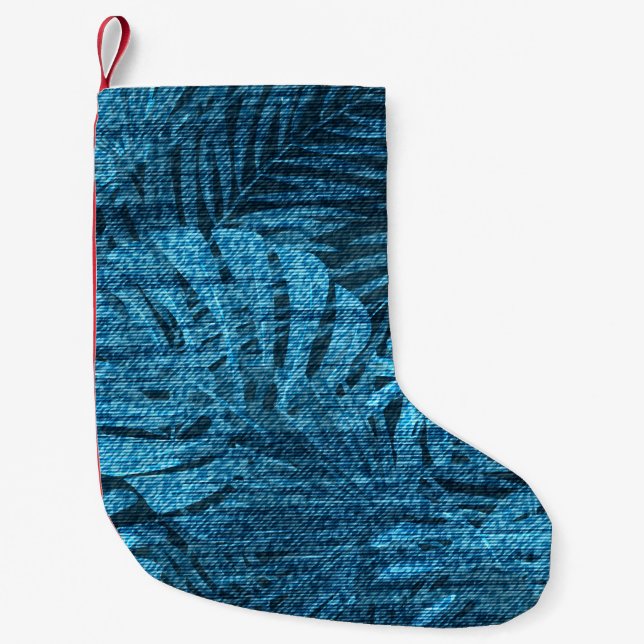 Faded jeans with tropical leaves pattern small christmas stocking (Front)