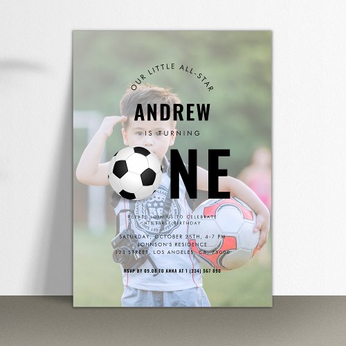 Faded Kids Sports Photo Soccer 1st Birthday Party Invitation