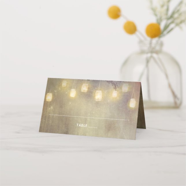 Faded Mason Jar Lights Rustic Wedding Place Card (Front)