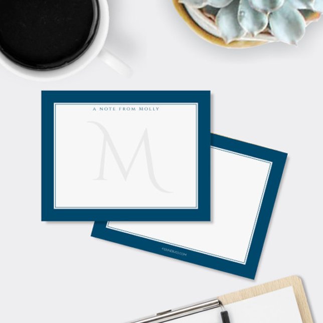Faded Monogram Bold Borders Ocean Navy Blue Note Card (Creator Uploaded)
