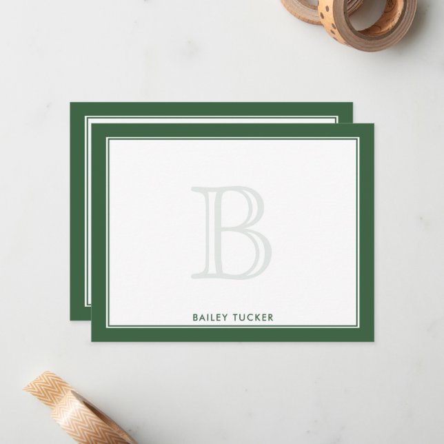 Faded Monogram Dark Green Personal Professional Note Card (Front/Back In Situ)