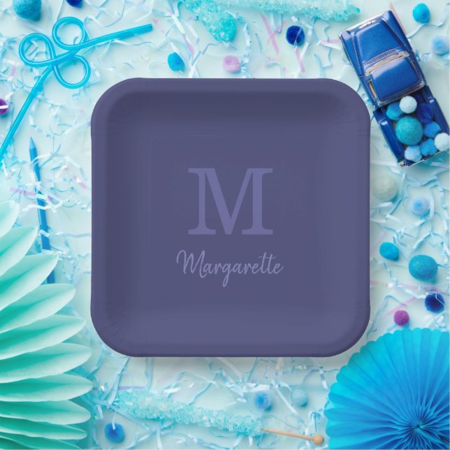 Faded Navy Blue  Name and Initial Monogram     Paper Plates (Party)