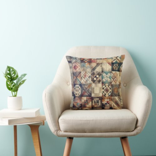 Faded Patchwork Quilt Design Throw Pillow