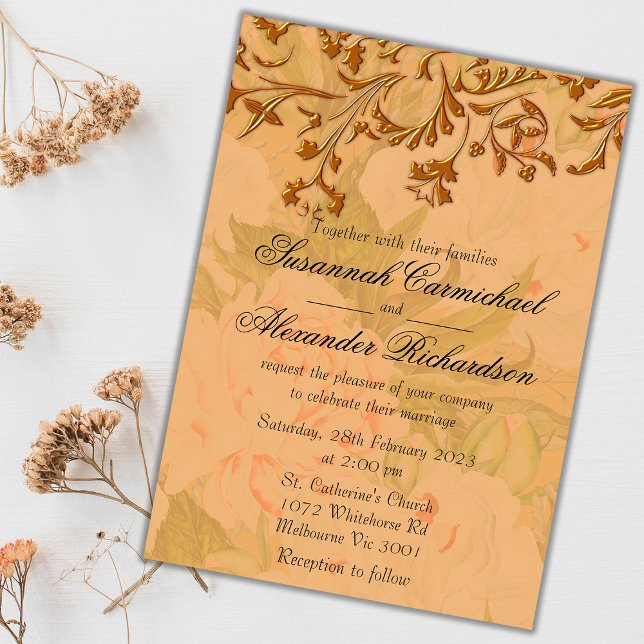 Faded Peonies and Harvest Gold Wedding Invitation (Creator Uploaded)