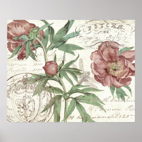 FADED PEONIES VINTAGE PRINT OR DECOUPAGE PAPER