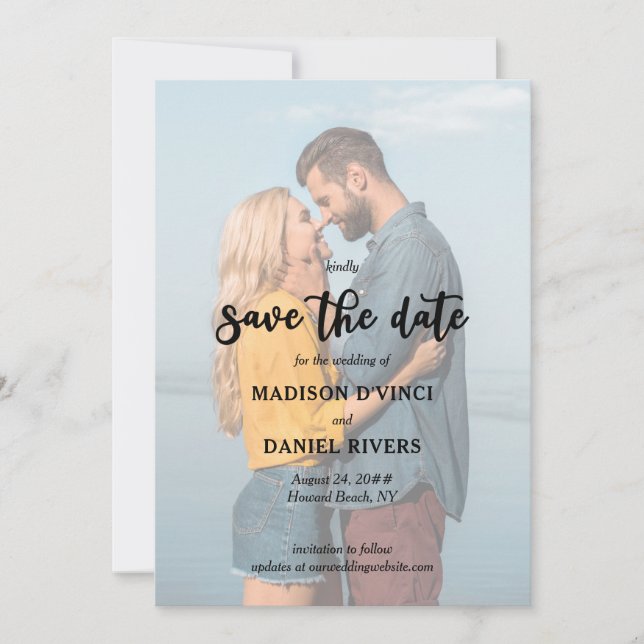 Faded Photo Full Bleed Handwritten Brush Script Save The Date (Front)