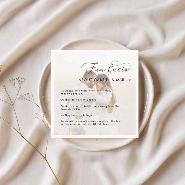 Faded Photo Script Fun Facts Newlyweds Wedding Napkins (Creator Uploaded)
