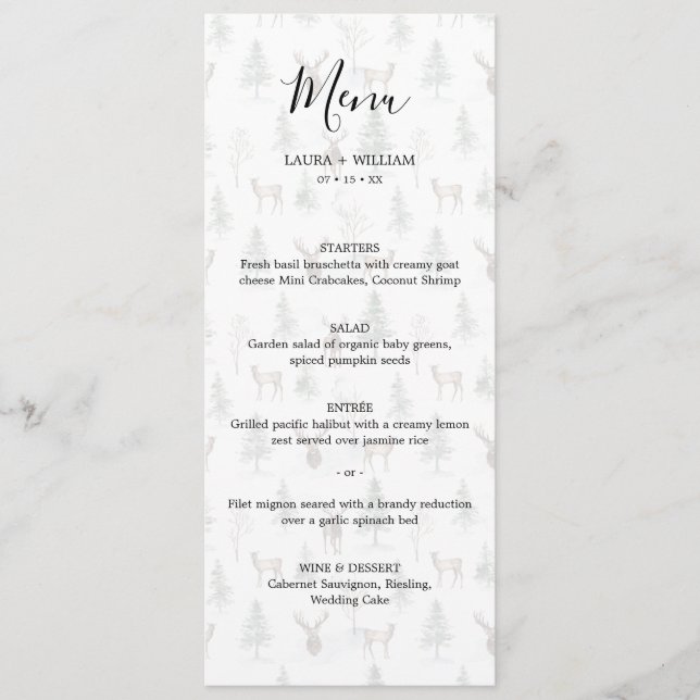 Faded Pine Tree and Deer Christmas Wedding Dinner Menu (Front)