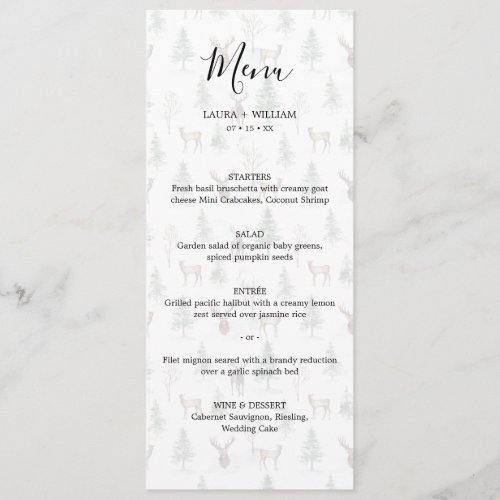 Faded Pine Tree and Deer Christmas Wedding Dinner Menu