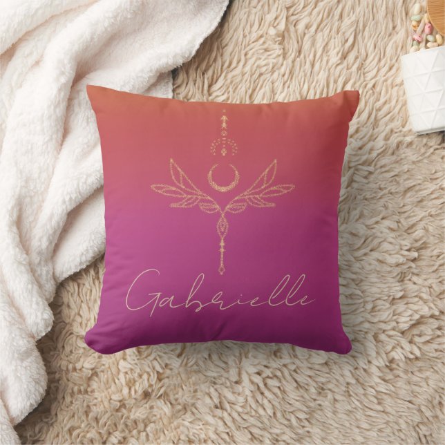 Faded Pink & Orange Gold Glitter Celestial Name Throw Pillow (Blanket)