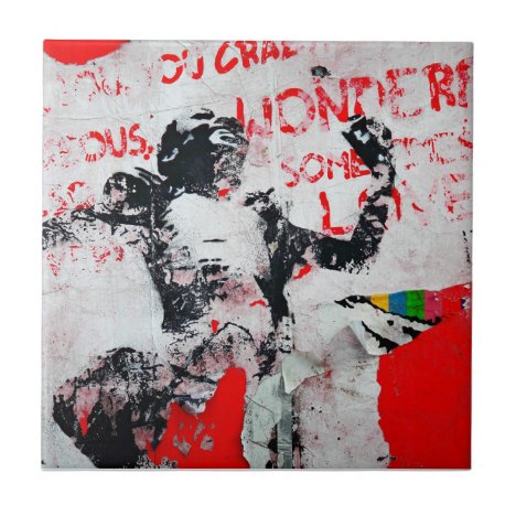 Faded Red and White Graffiti with African Stencil Ceramic Tile