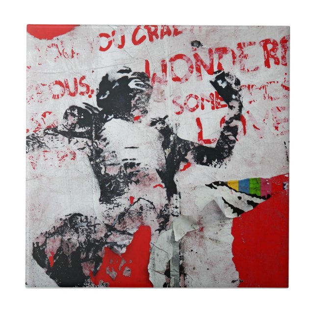 Faded Red and White Graffiti with African Stencil Ceramic Tile (Front)