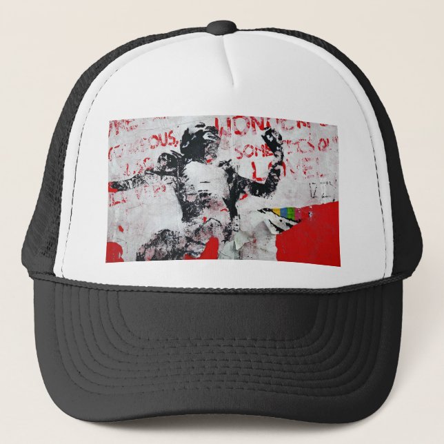 Faded Red and White Graffiti with African Stencil Trucker Hat (Front)