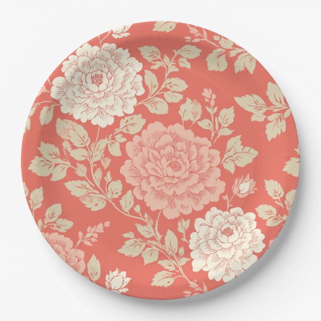 Faded Red Block Print Floral Paper Plates (Front)