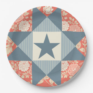 Faded Red Blue Star Quilt Block Floral Paper Plates