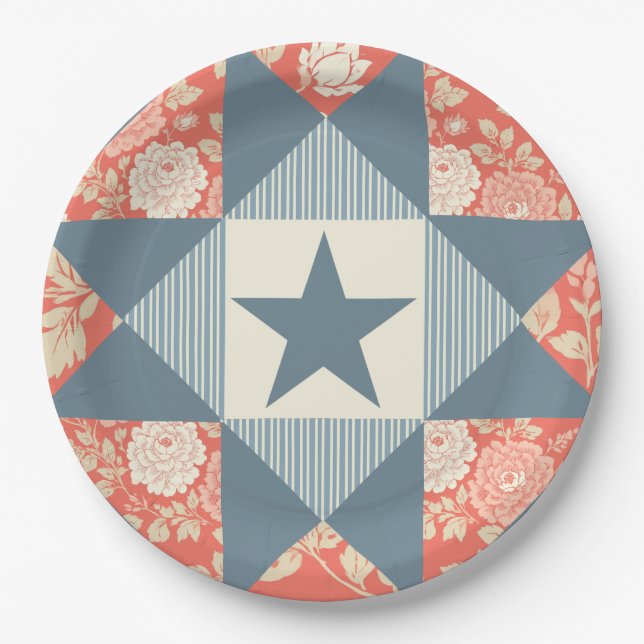 Faded Red Blue Star Quilt Block Floral Paper Plates (Front)