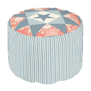 Faded Red Blue Star Quilt Block Floral Pouf