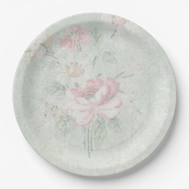 Faded Roses Shabby Vintage Design Paper Plates (Front)