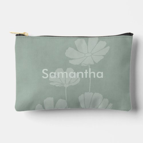 Faded Silhouette of Cosmos Flowers on Sage Green Accessory Pouch