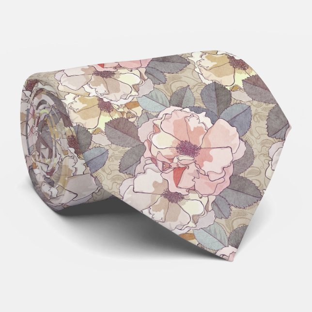 Faded Summer Rose Blooms Neck Tie (Rolled)