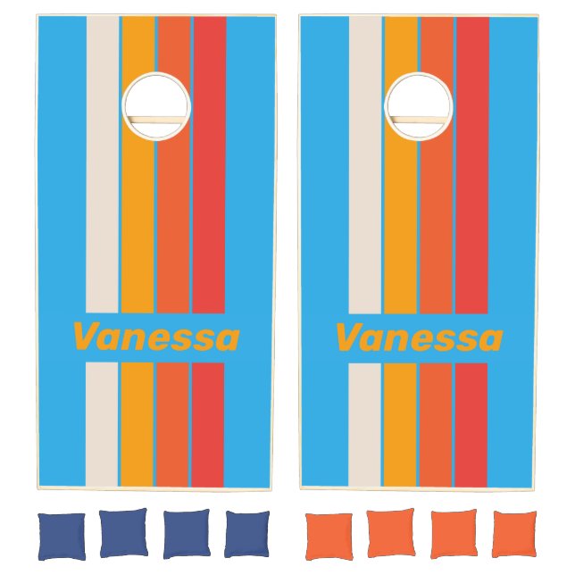 Faded Surf Blue Pin Striped with Name Cornhole Set (Set)