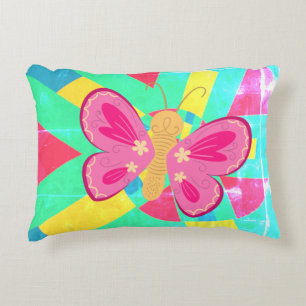 Faded Teal pattern with pink butterfly Accent Pillow