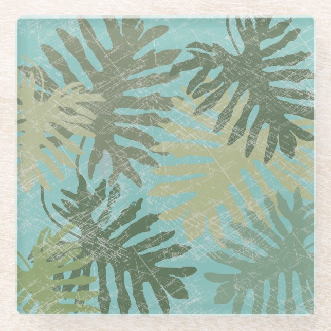 Faded Tropical Leaves Glass Coaster (Front)