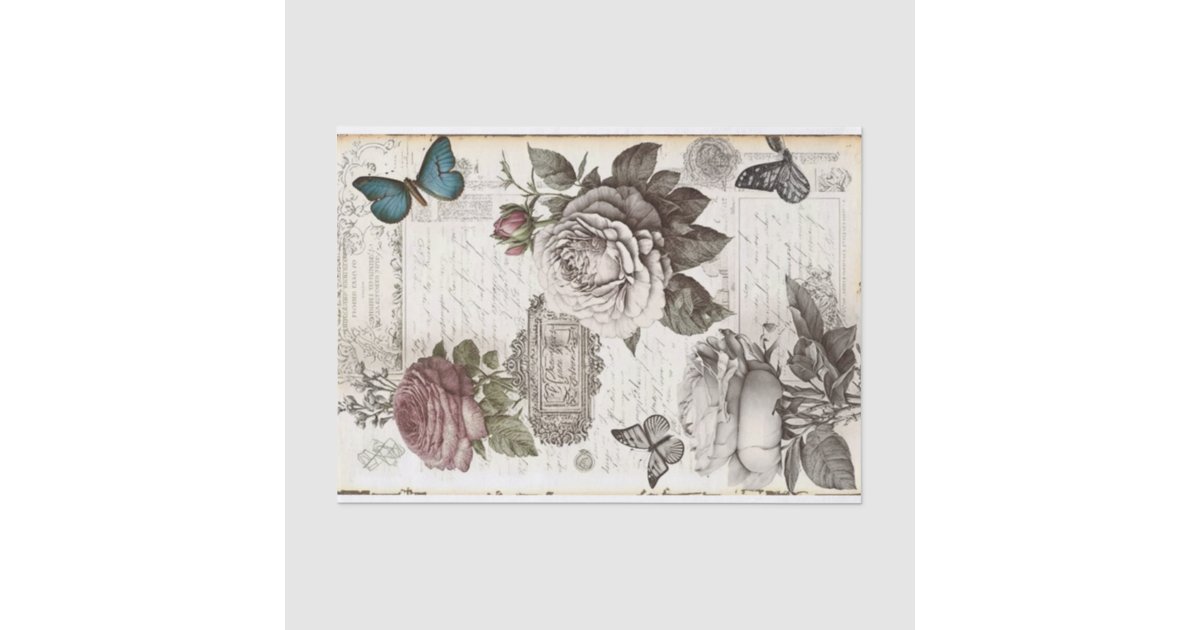 Faded Vintage Butterflies and Roses Decoupage Tissue Paper | Zazzle