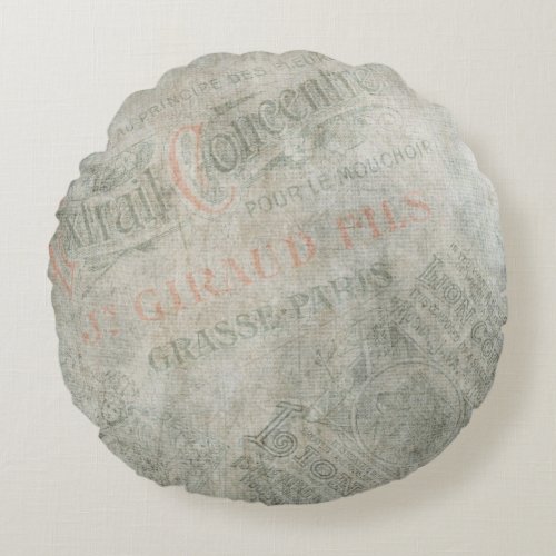 Faded Vintage Paper Parisian Advertisement Collage Round Pillow