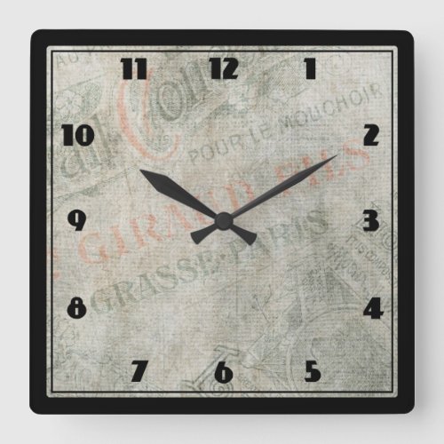 Faded Vintage Paper Parisian Advertisement Collage Square Wall Clock