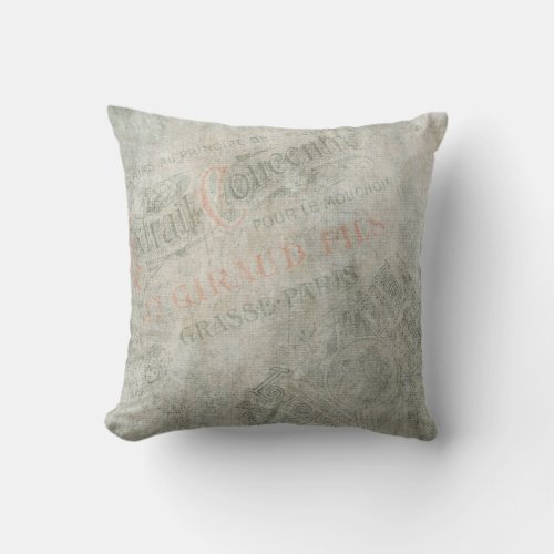 Faded Vintage Paper Parisian Advertisement Collage Throw Pillow