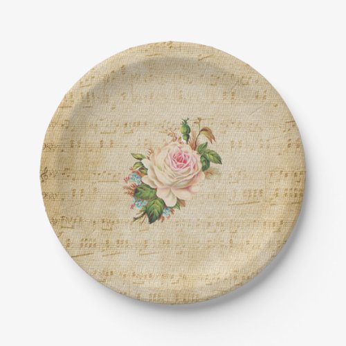 Faded Vintage Rose Musical Notes  Paper Plates