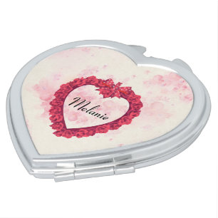 Faded Watercolor Floral Print with a Red Heart Compact Mirror