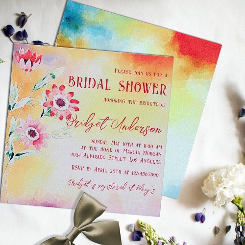 Faded Watercolor Red Wildflowers Bridal Shower Invitation